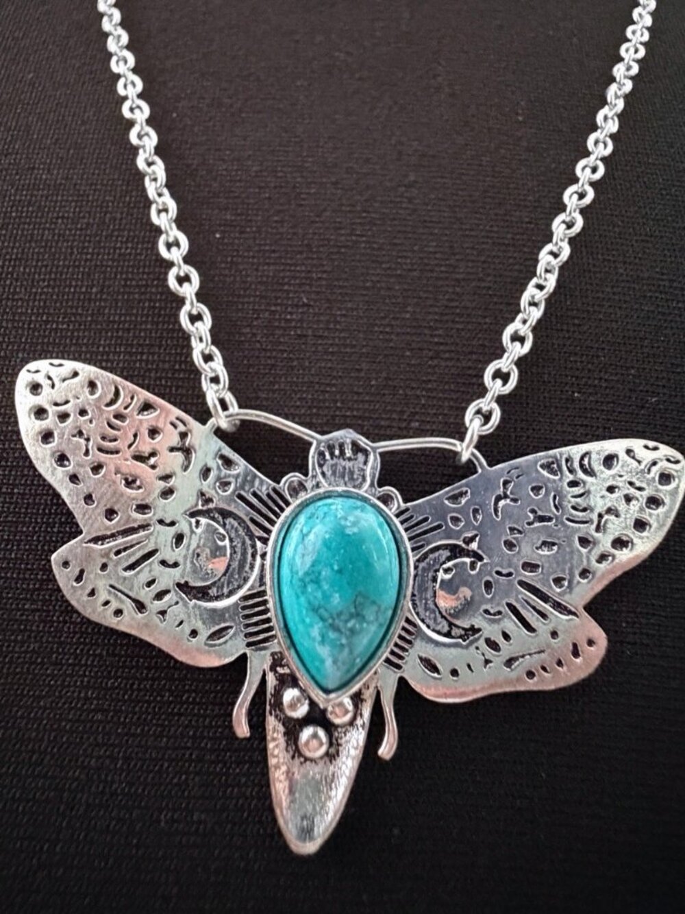 925 Sterling Silver Turquoise Moon Moth Pendant Necklace jewelry